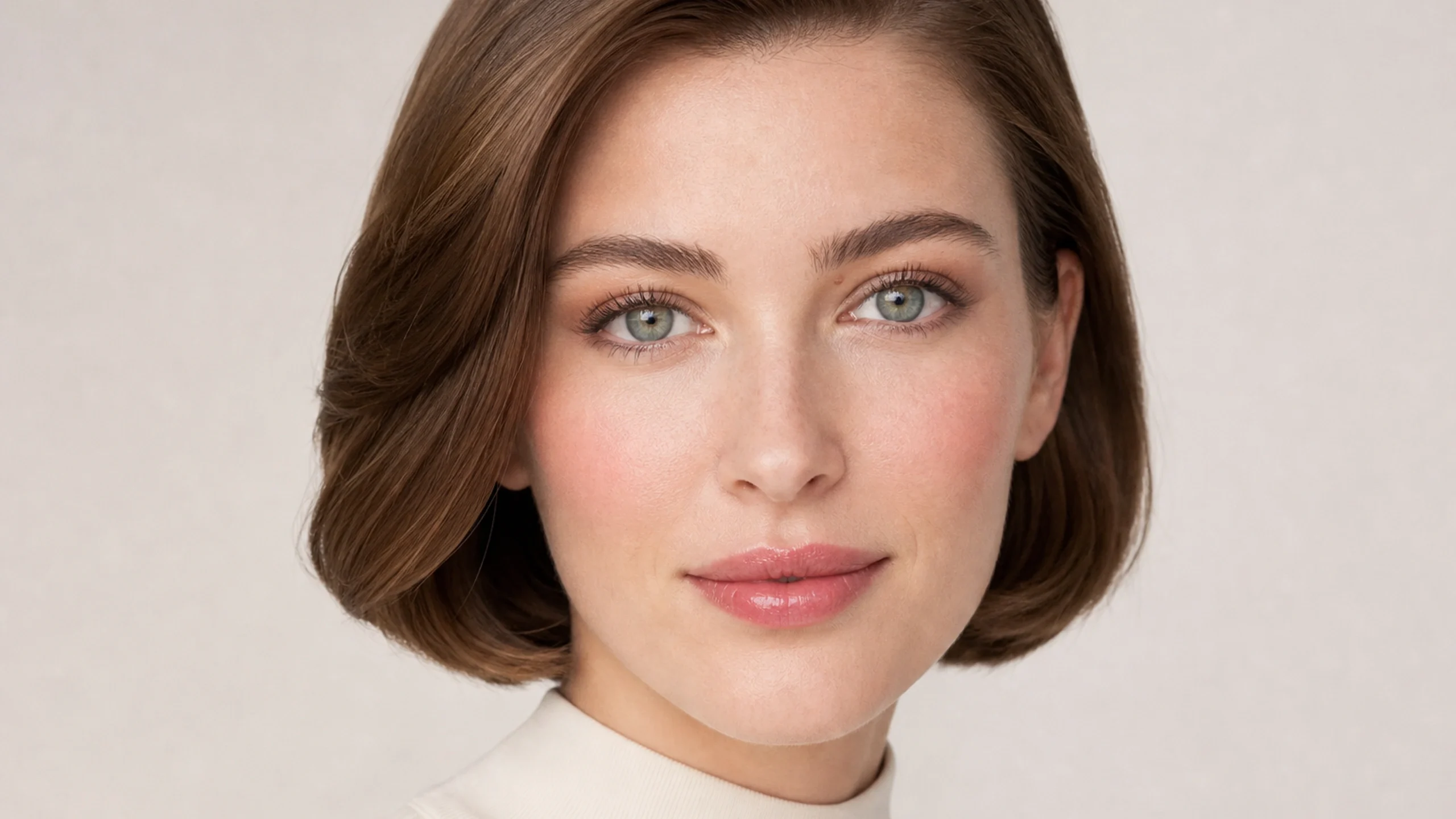 AI visualization of 5-minute everyday makeup showing skin-tone taupe, fresh rose, and a fresh natural finish.
