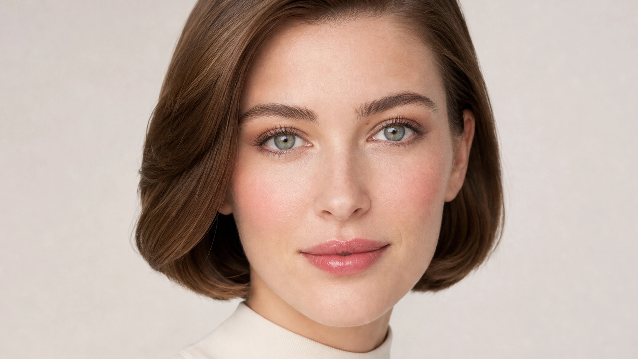 AI visualization of 5-minute everyday makeup showing skin-tone taupe, fresh rose, and a fresh natural finish.