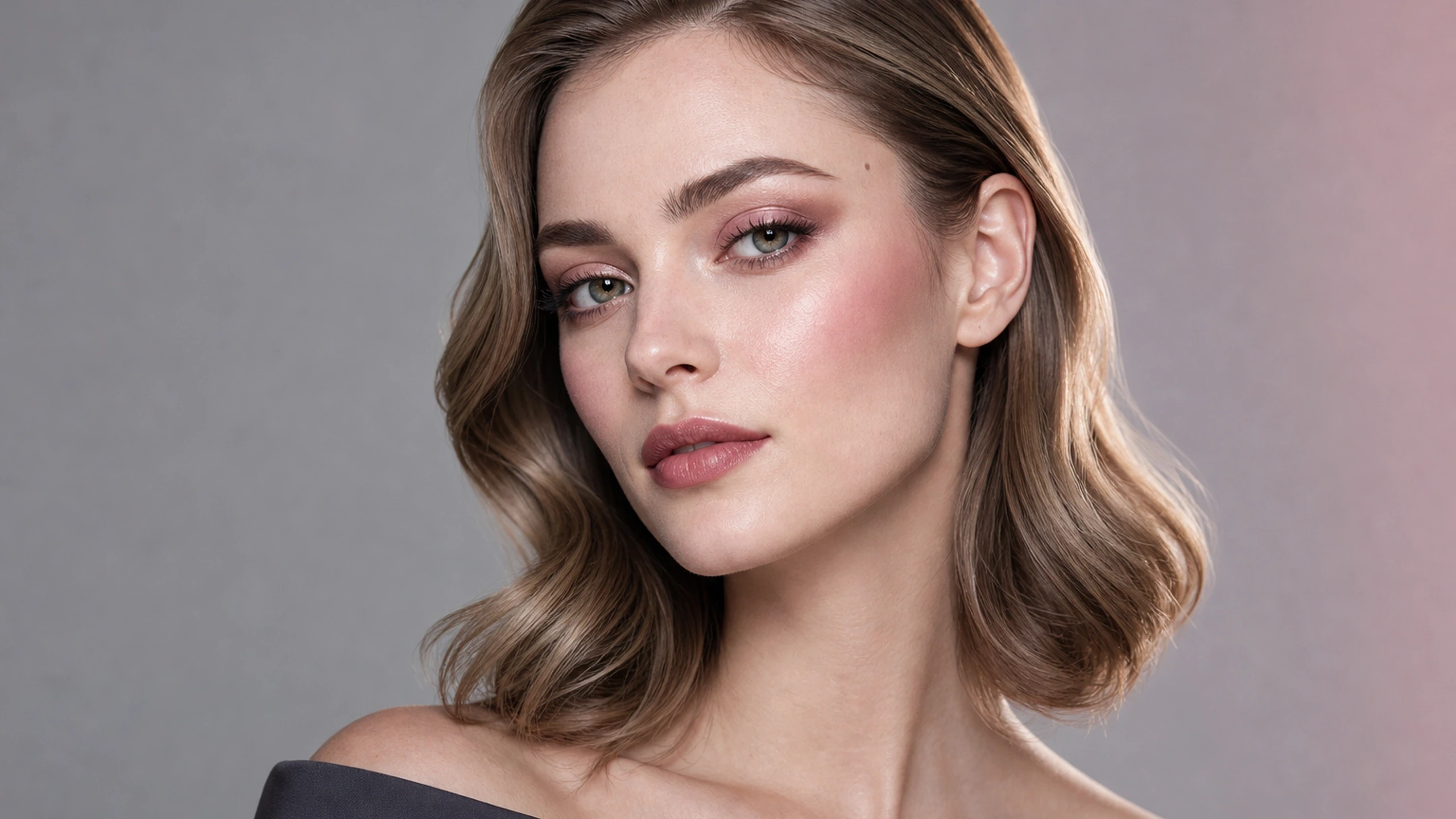 AI visualization of cool rosy makeup for fair skin showing mushroom taupe, cool rose, and a soft rosy satin finish.