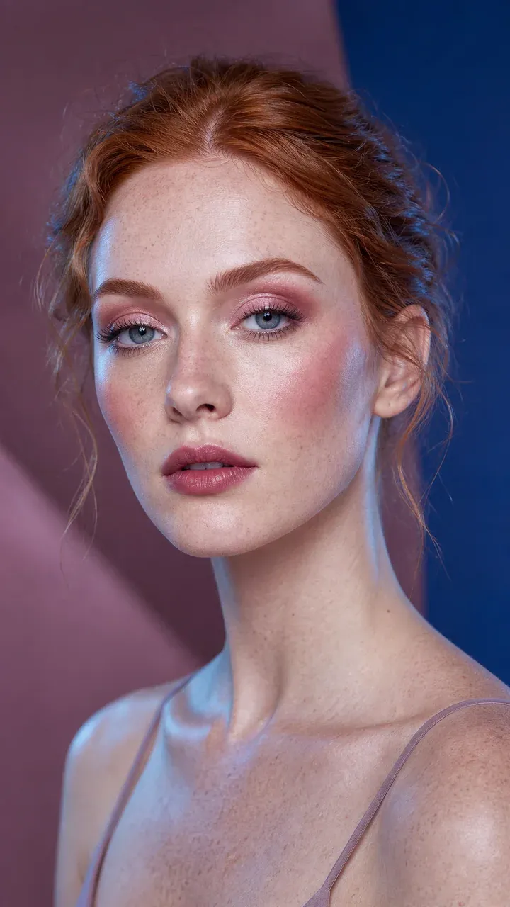 AI visualization of cool rosy makeup for fair skin showing mushroom taupe, cool rose, and a soft rosy satin finish.