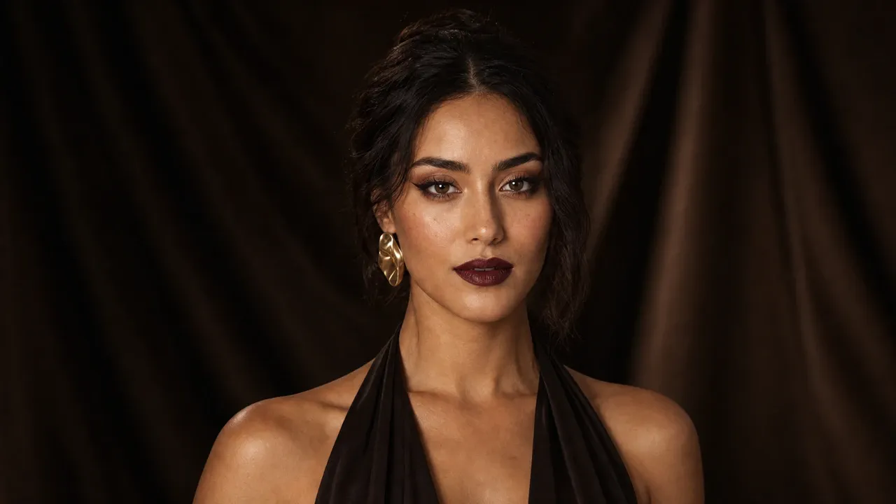 AI visualization of elegant dinner party makeup showing soft plum, pewter taupe, and a velvet satin finish.