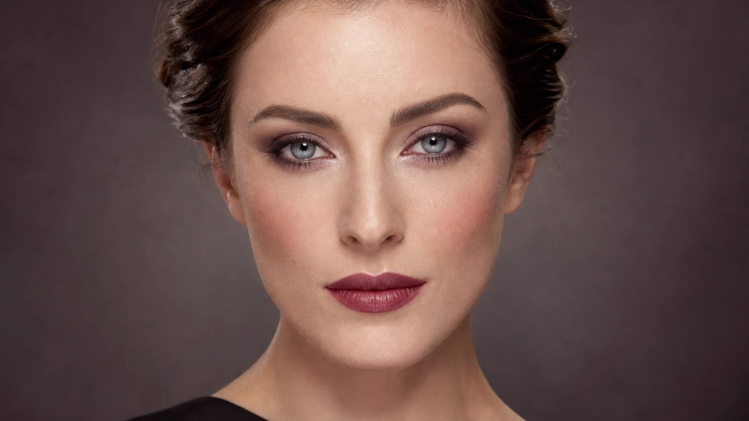 AI visualization of elegant dinner party makeup showing soft plum, pewter taupe, and a velvet satin finish.