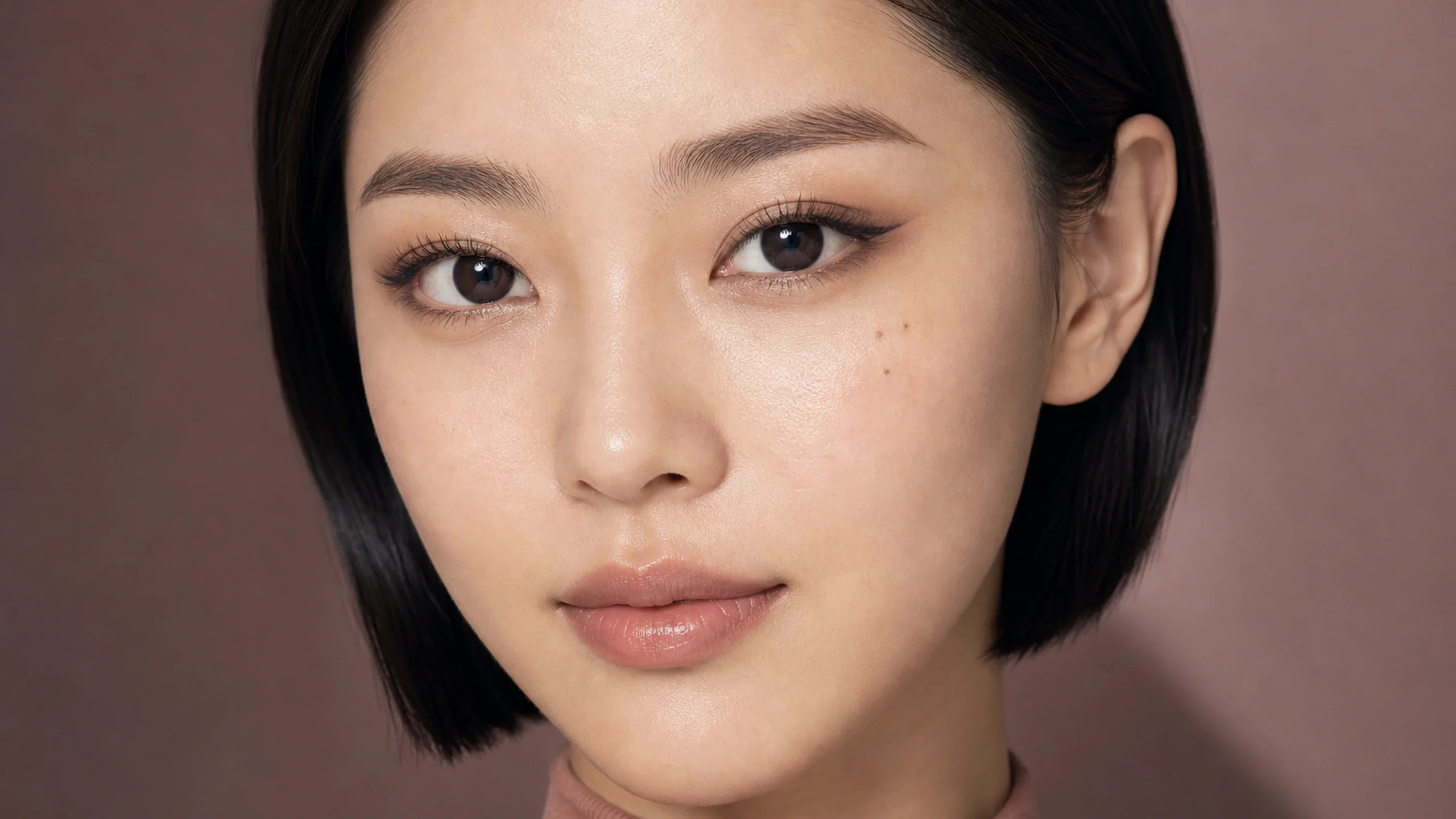 AI visualization of elongated eye makeup for round eyes showing mid taupe, soft bronze, and a soft matte finish.