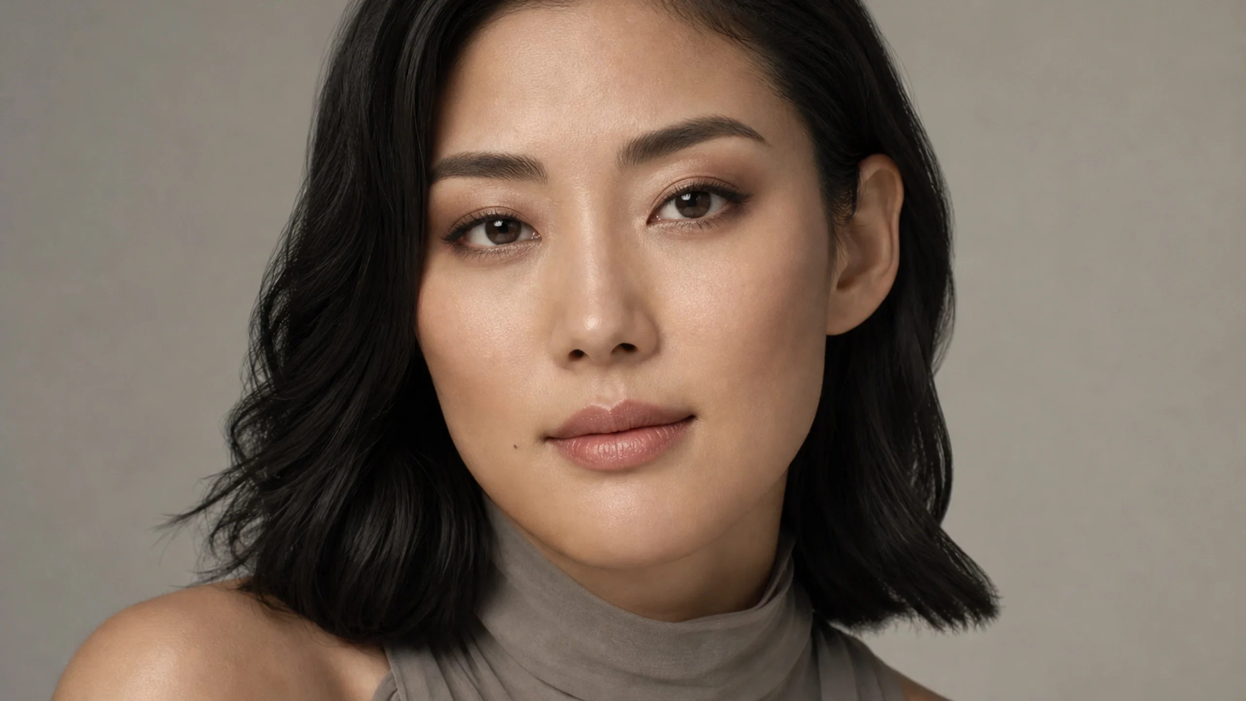 AI visualization of everyday makeup for deep-set eyes showing soft beige, light taupe, and a bright satin finish.
