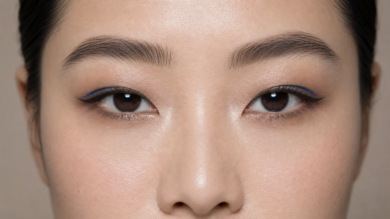 Close view of hooded eyes with lifted cobalt liner and natural skin texture