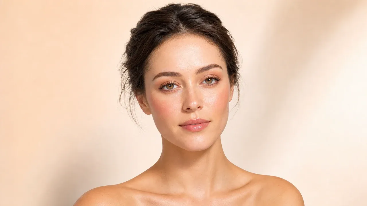 AI visualization of fresh brunch makeup showing apricot cream, soft champagne, and a fresh dewy finish.