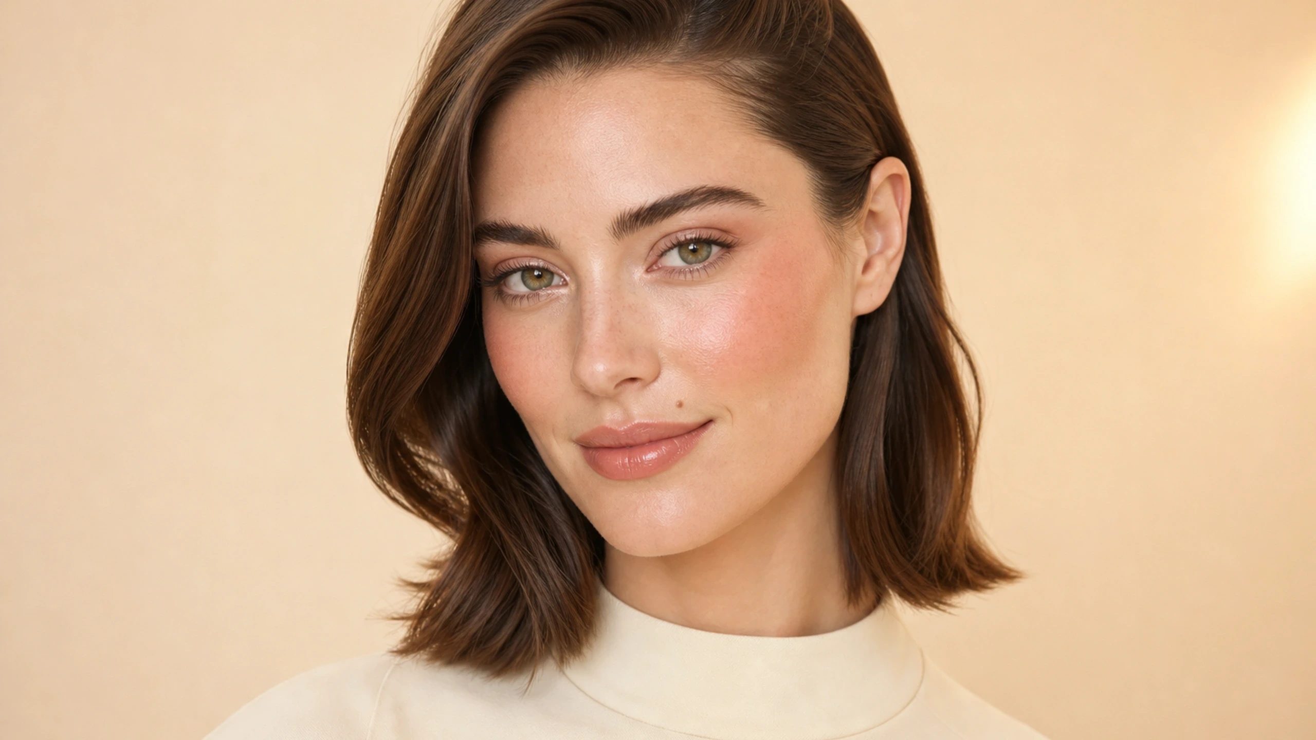 AI visualization of fresh brunch makeup showing apricot cream, soft champagne, and a fresh dewy finish.