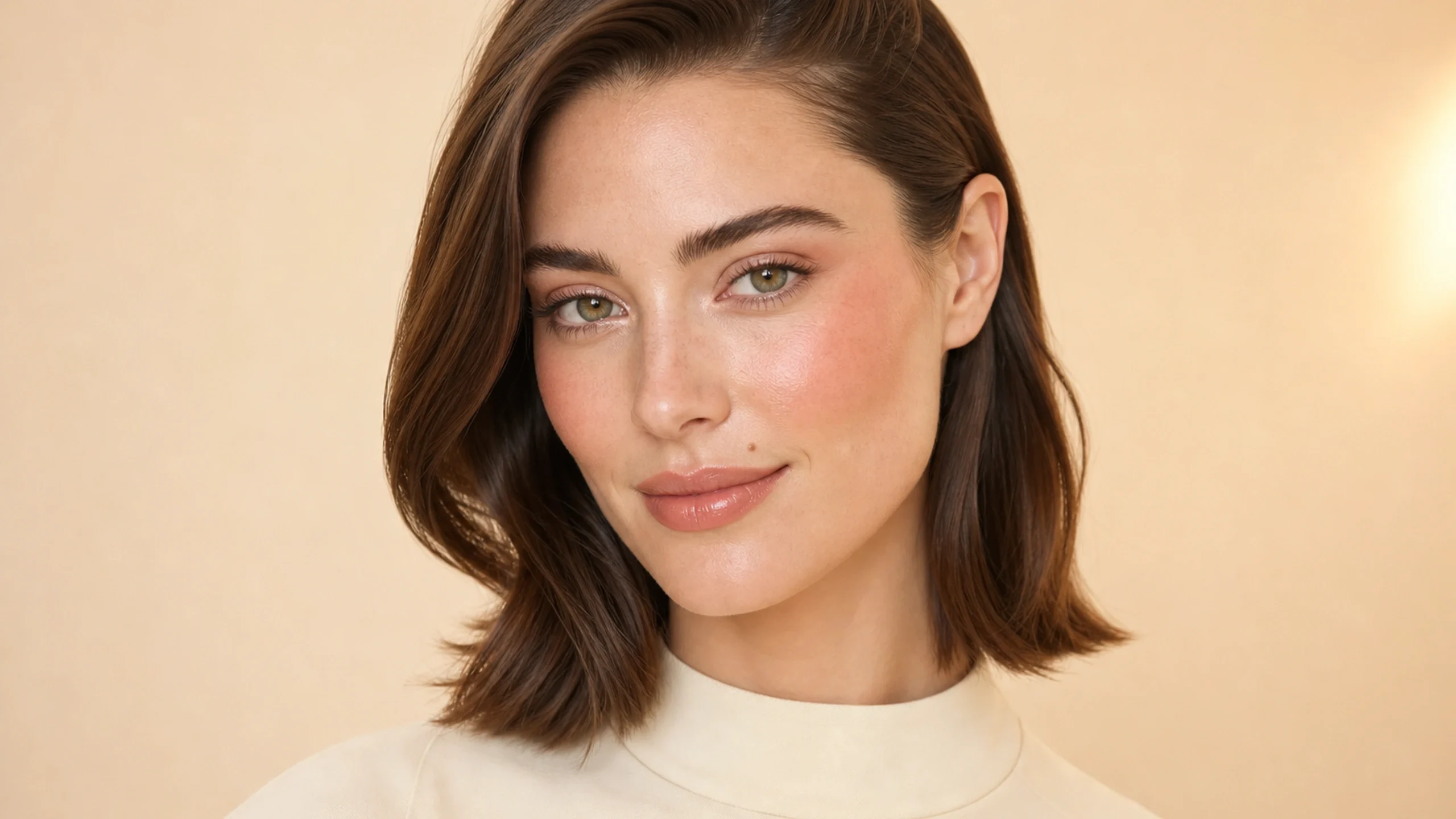 AI visualization of fresh brunch makeup showing apricot cream, soft champagne, and a fresh dewy finish.