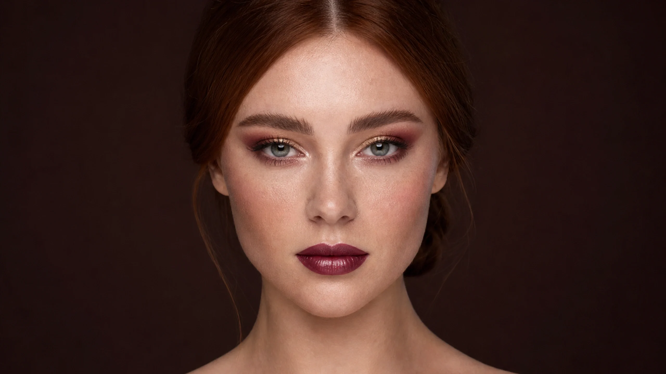 AI visualization of holiday party shimmer makeup showing matte cranberry, antique gold, and a dimensional shimmer finish.