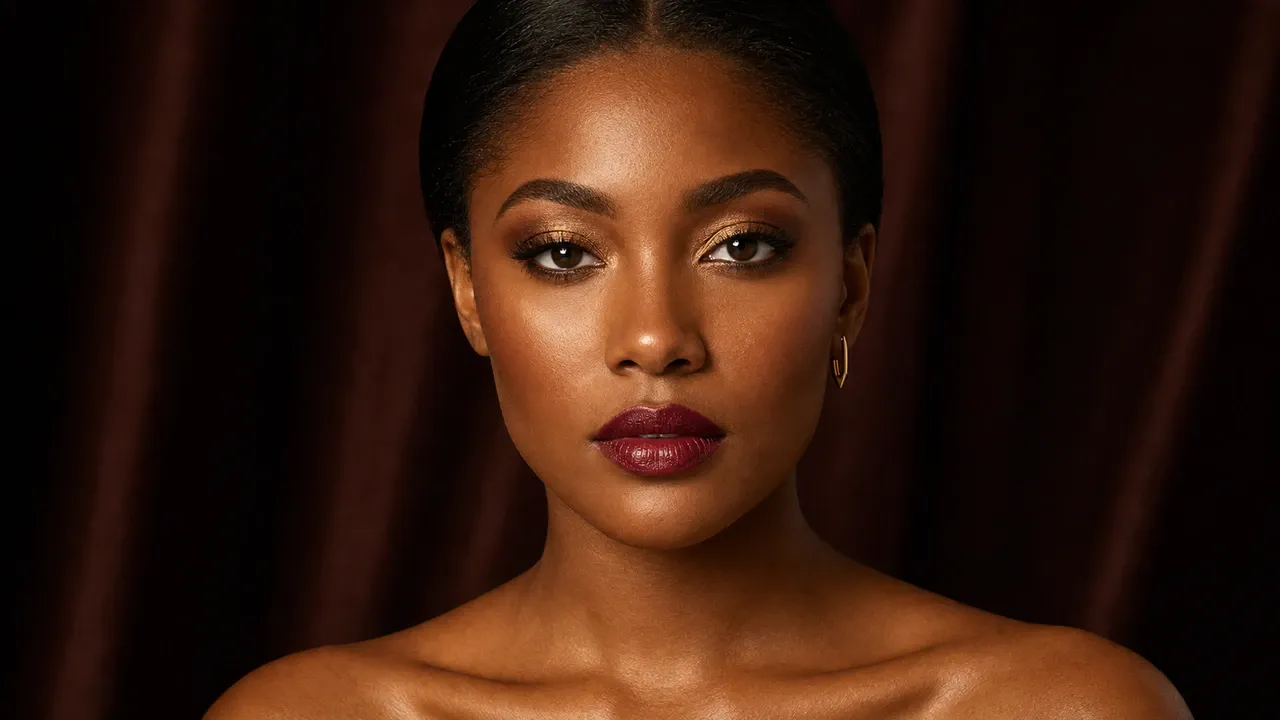 AI visualization of holiday party shimmer makeup showing matte cranberry, antique gold, and a dimensional shimmer finish.