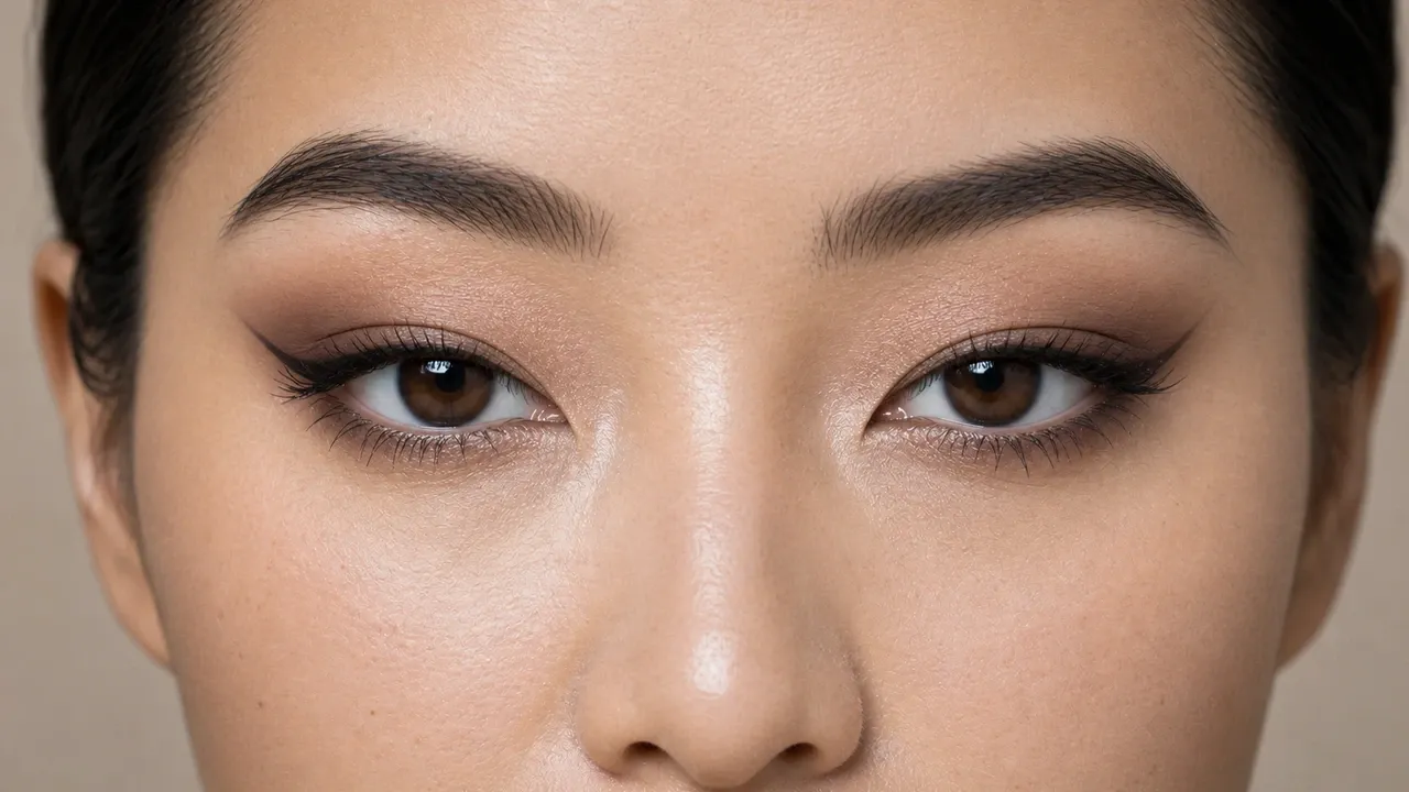 AI visualization of lifted makeup for downturned eyes showing lift taupe, satin beige, and a satin matte finish.