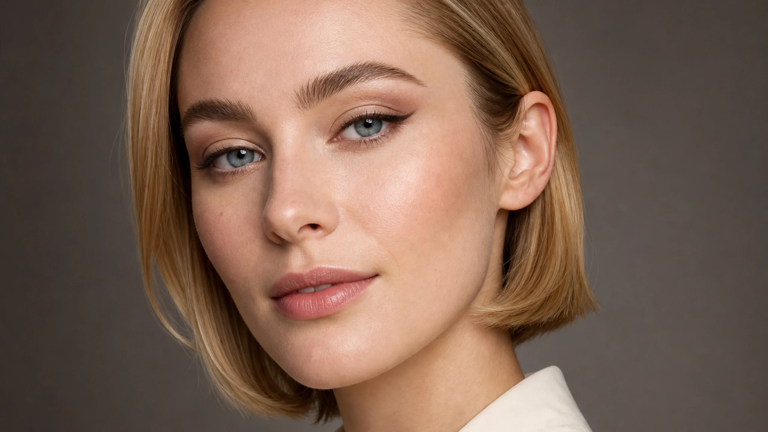 AI visualization of lifted makeup for downturned eyes showing lift taupe, satin beige, and a satin matte finish.
