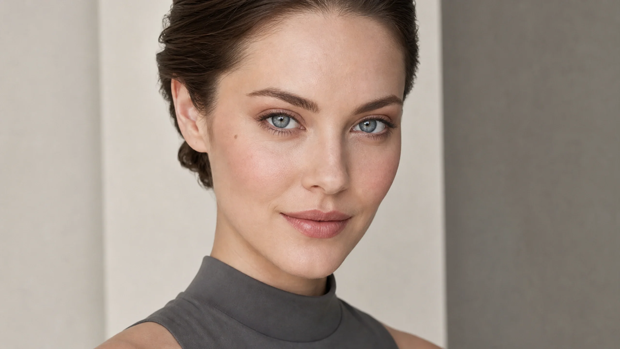 AI visualization of natural job interview makeup showing neutral taupe, soft brown, and a natural matte finish.