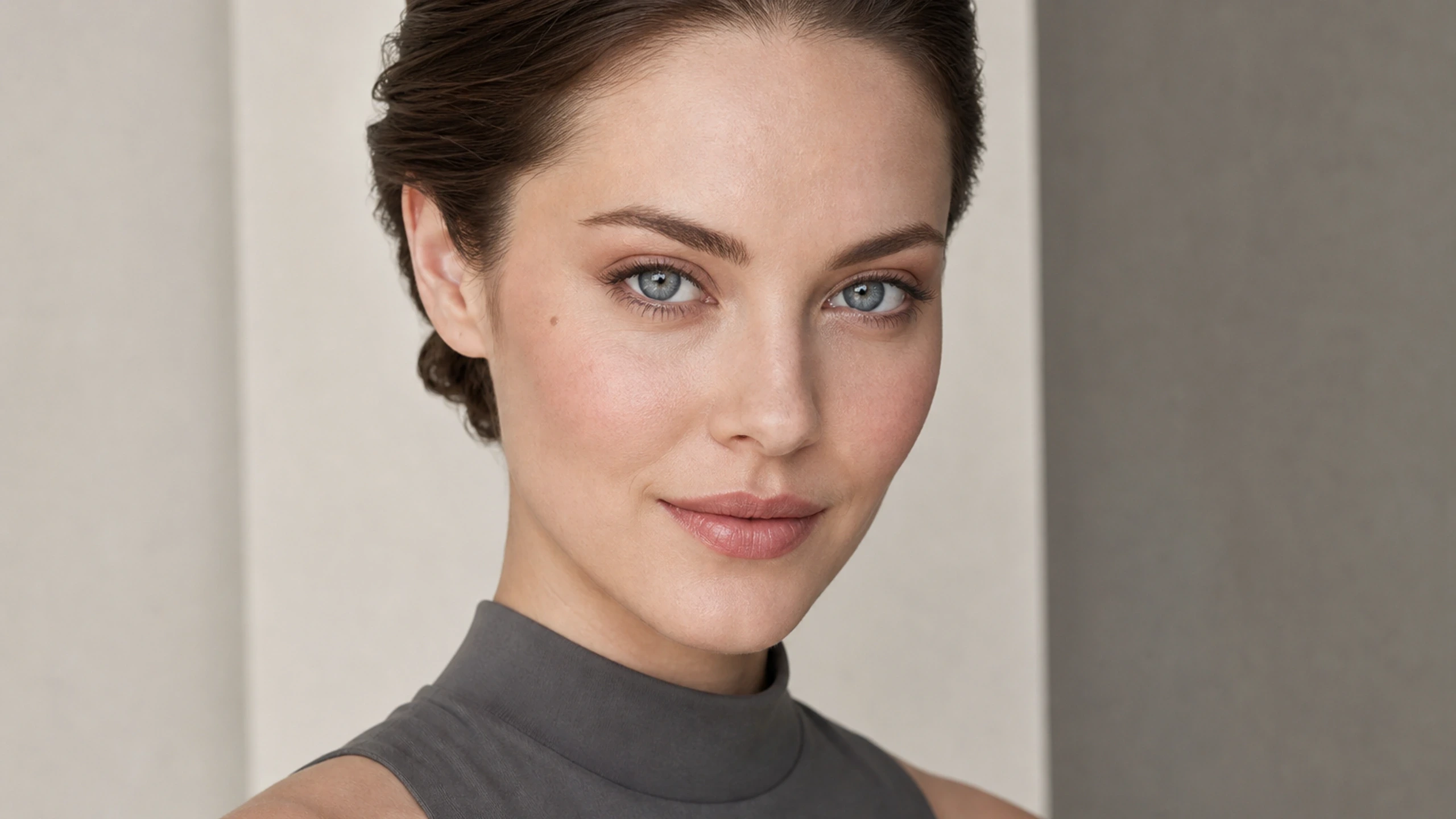 AI visualization of natural job interview makeup showing neutral taupe, soft brown, and a natural matte finish.
