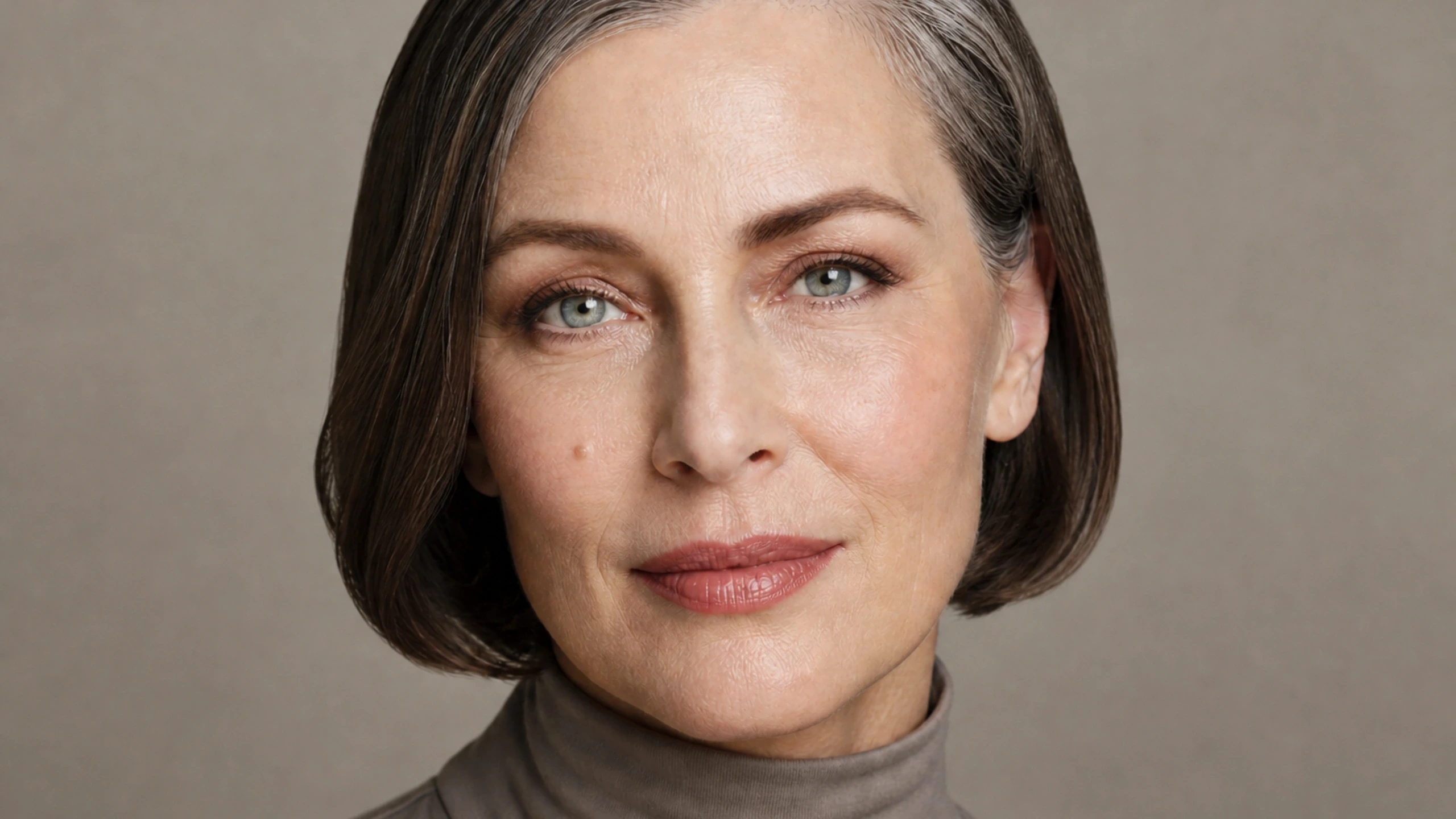AI visualization of natural makeup for mature skin showing soft taupe, satin beige rose, and a soft natural satin finish.
