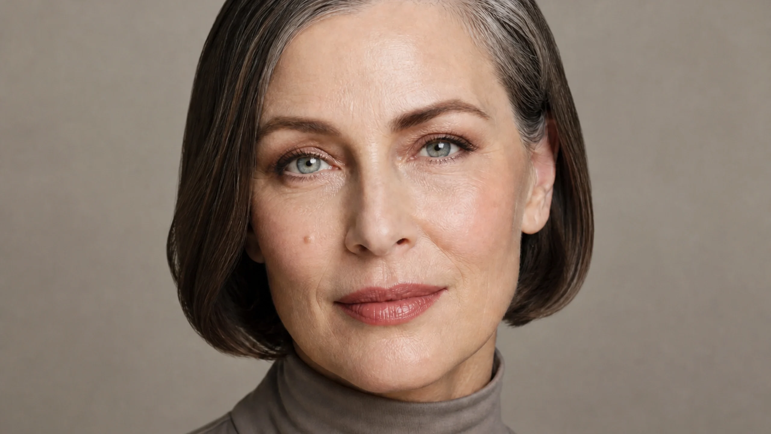 AI visualization of natural makeup for mature skin showing soft taupe, satin beige rose, and a soft natural satin finish.