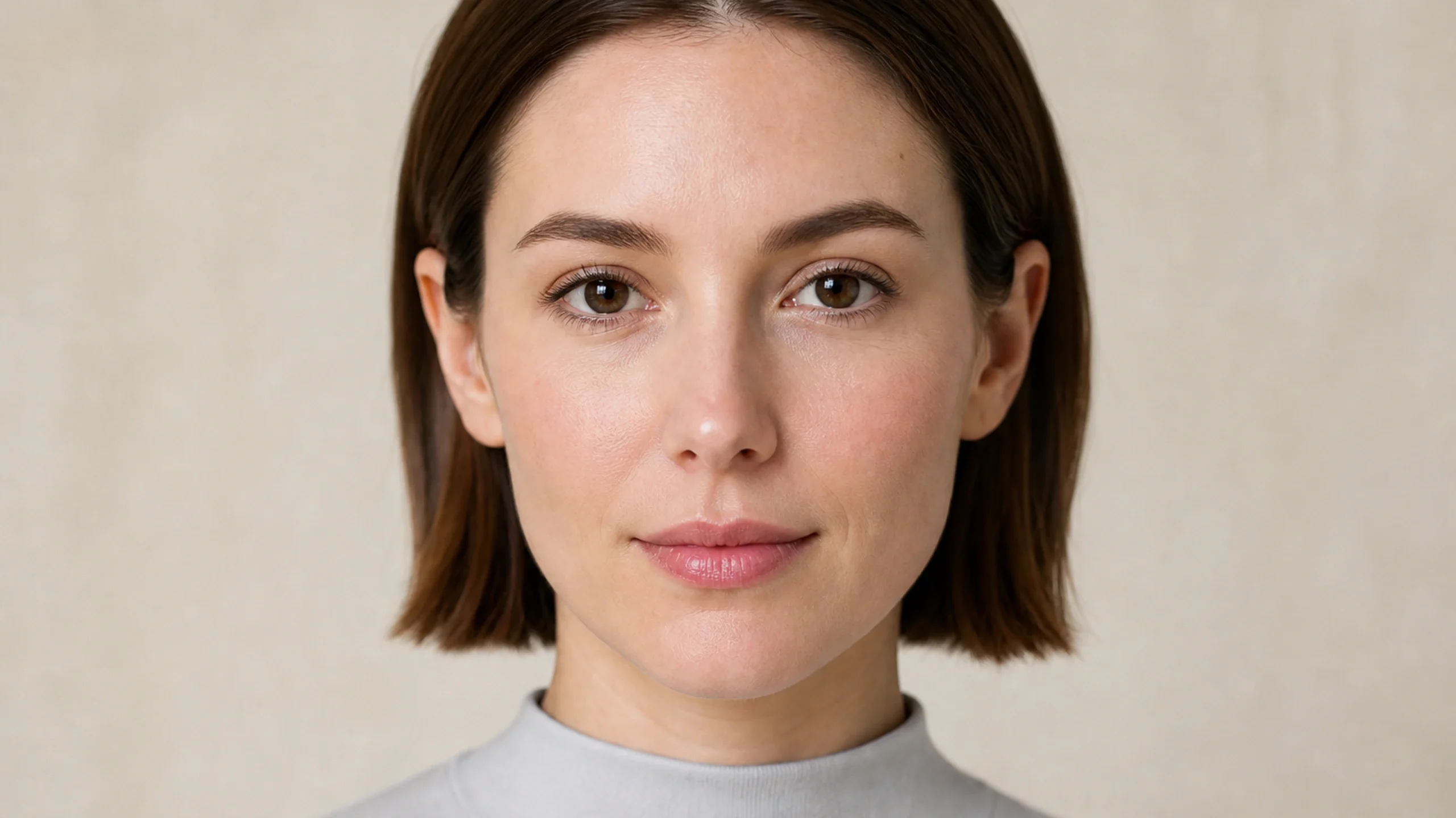 AI visualization of natural no-makeup makeup showing skin-shadow taupe, natural flush, and a barely-there satin finish.