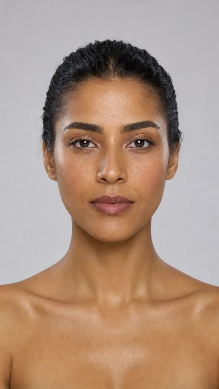 AI visualization of neutral soft glam for olive skin showing balanced taupe, antique beige, and a neutral satin finish.