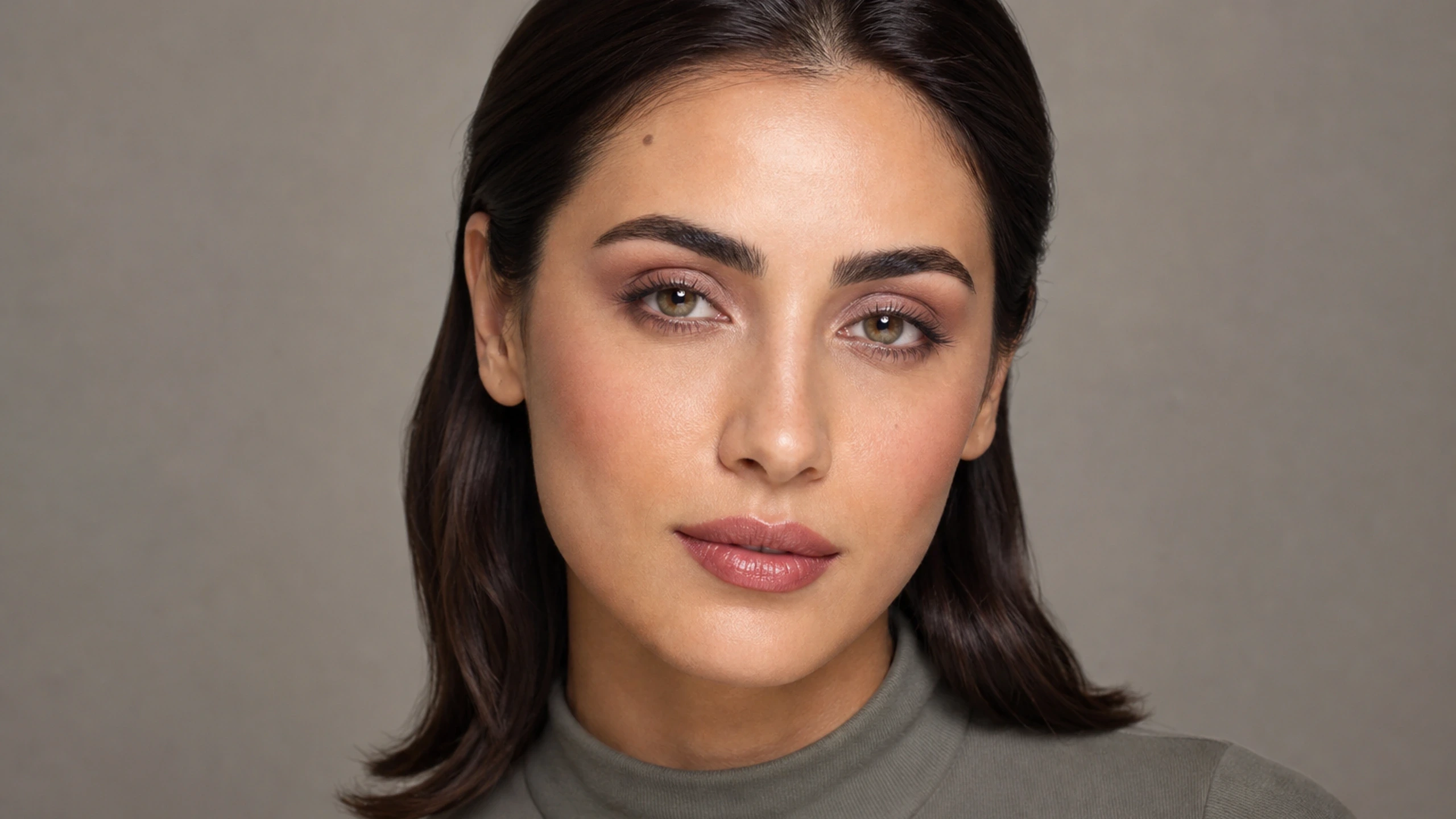 AI visualization of neutral soft glam for olive skin showing balanced taupe, antique beige, and a neutral satin finish.