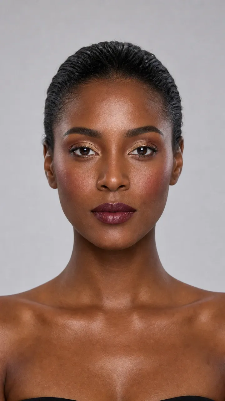 AI visualization of rich berry and gold makeup for deep skin showing rich wine, warm old gold, and a rich luminous finish.