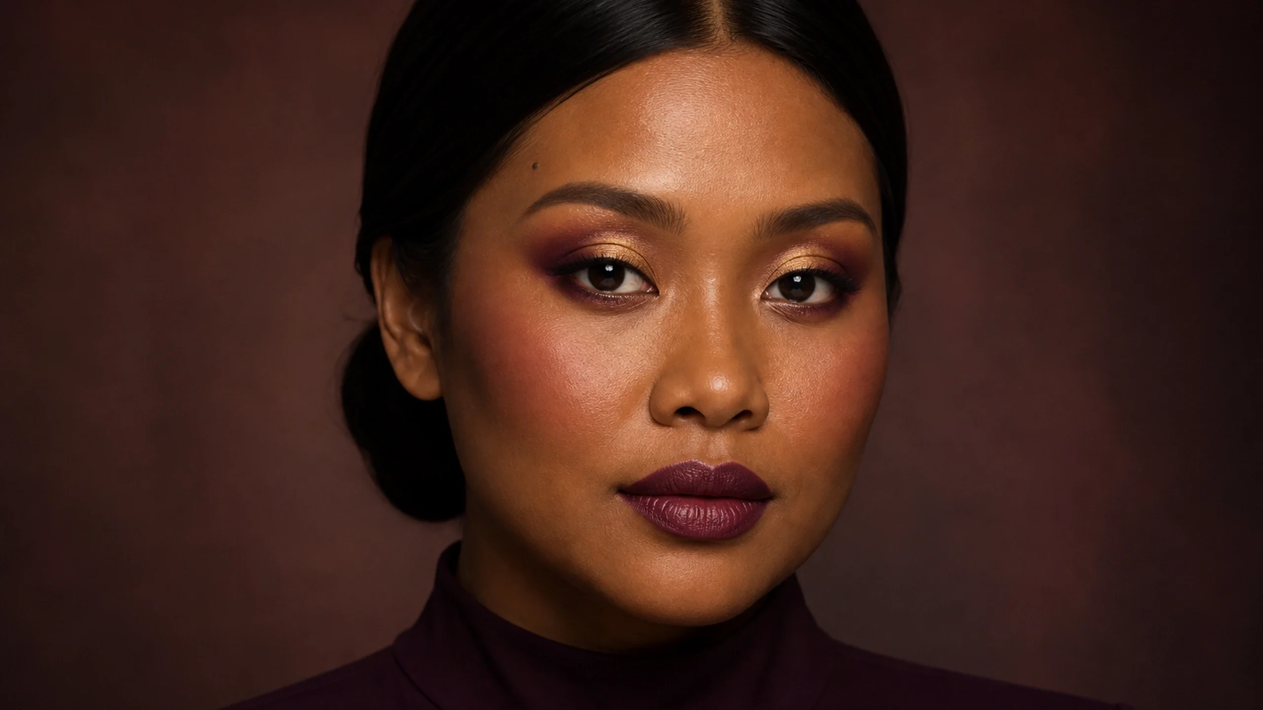 AI visualization of rich berry and gold makeup for deep skin showing rich wine, warm old gold, and a rich luminous finish.