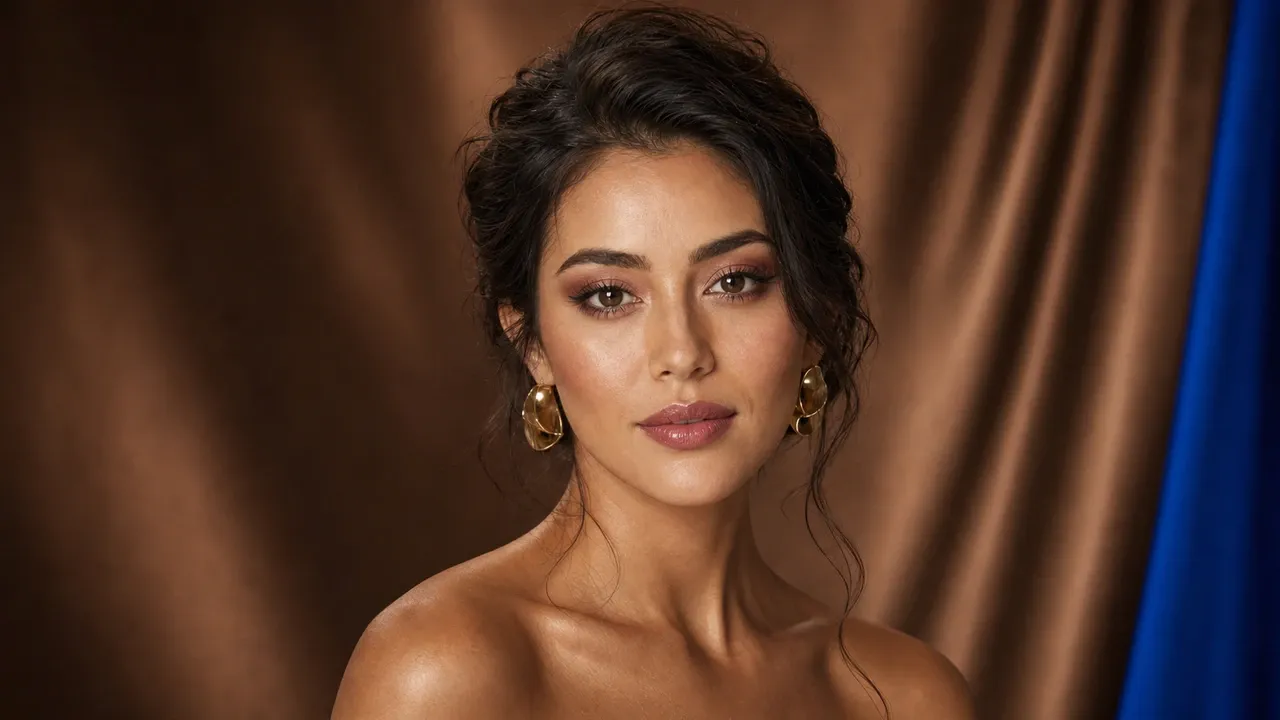 AI visualization of soft glam wedding guest makeup showing mushroom taupe, muted rose, and a soft satin finish.
