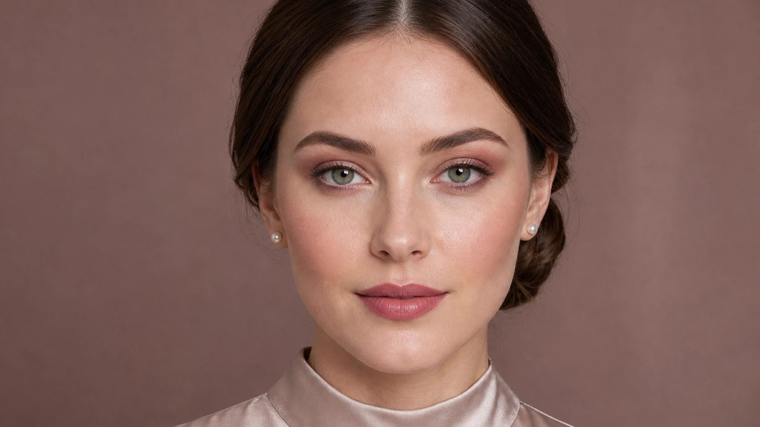 AI visualization of soft glam wedding guest makeup showing mushroom taupe, muted rose, and a soft satin finish.