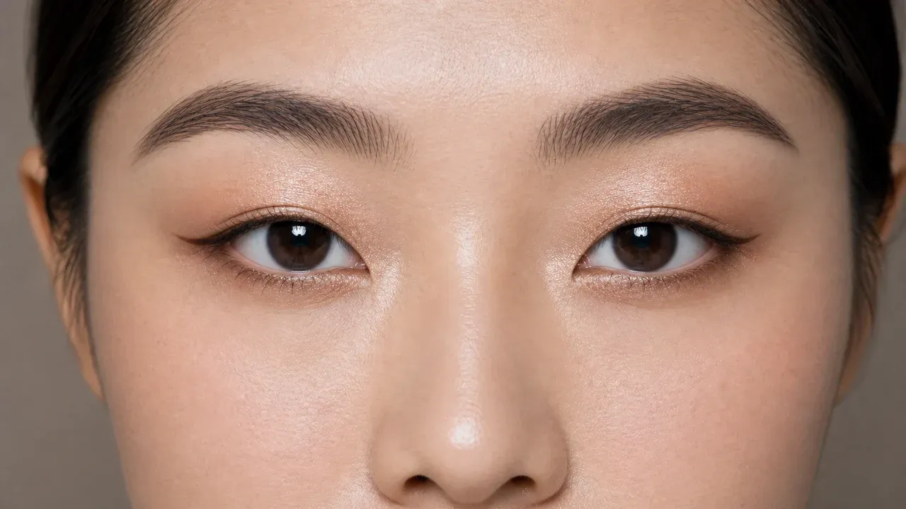 AI visualization of soft shimmer makeup for monolids showing cocoa matte, rose copper, and a soft shimmer finish.