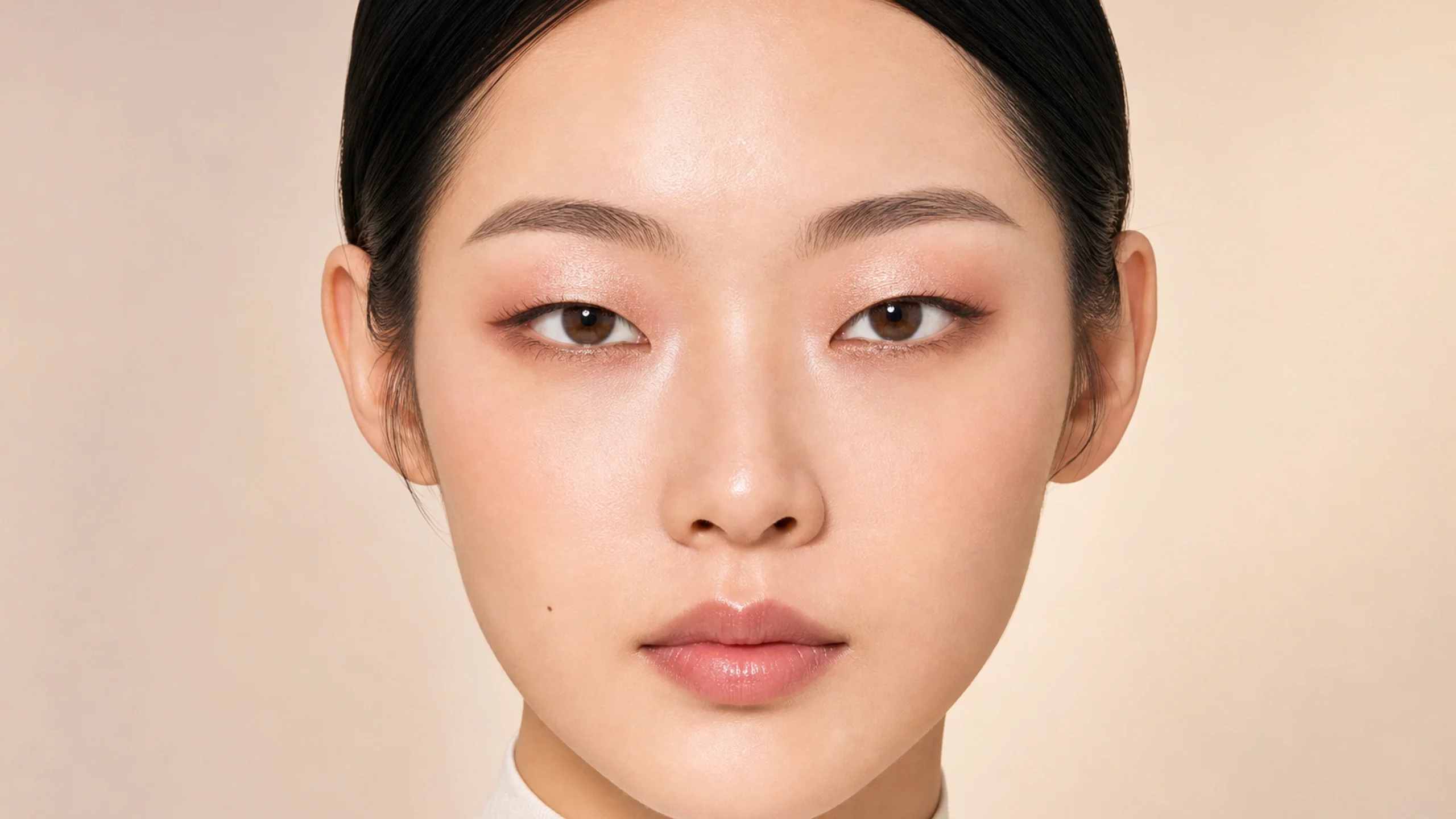 AI visualization of soft shimmer makeup for monolids showing cocoa matte, rose copper, and a soft shimmer finish.