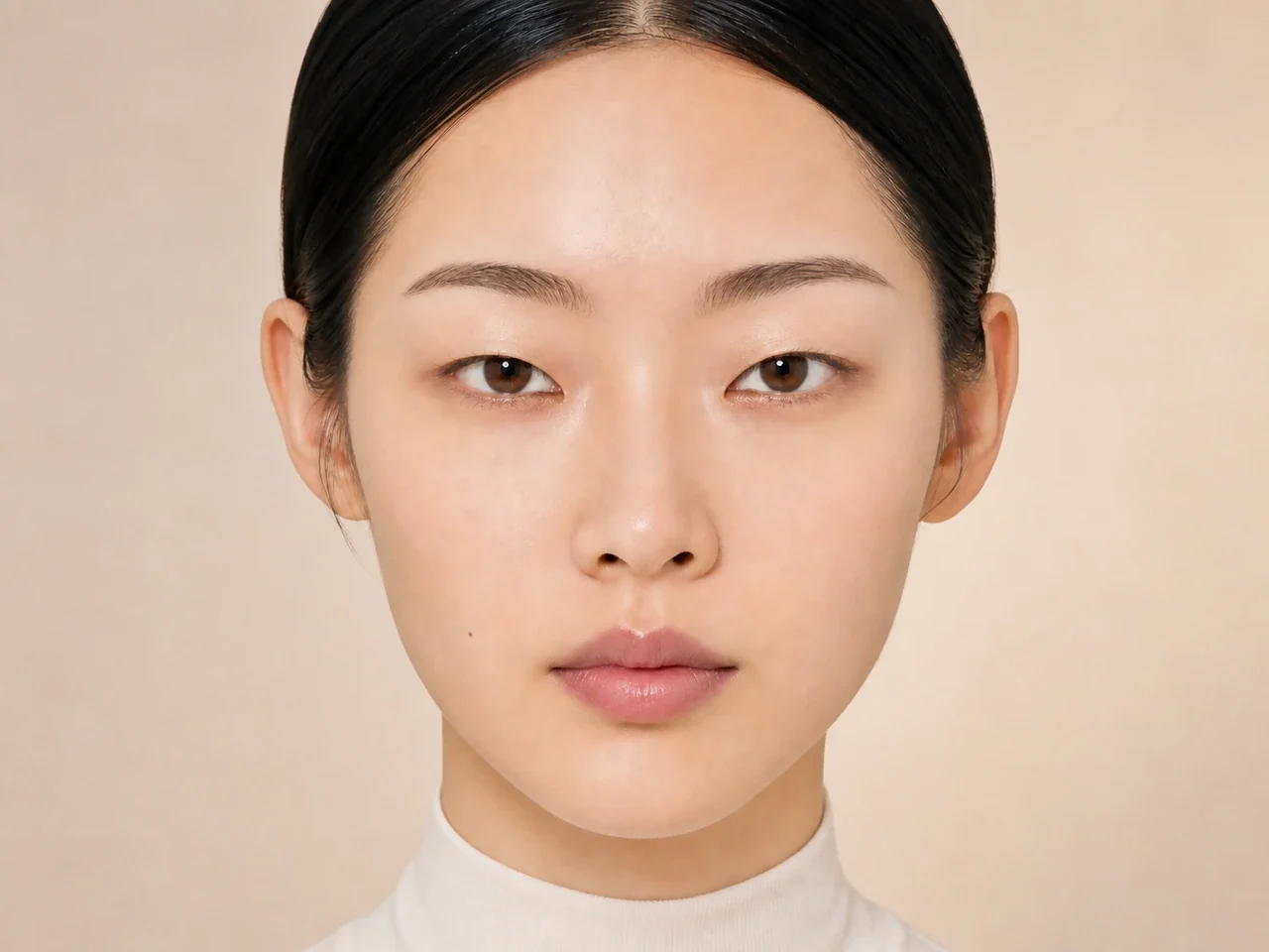Step 1 of Soft Shimmer Makeup for Monolids, showing the lids feel smooth and dry while the natural fold and open-eye landmarks remain easy to see.
