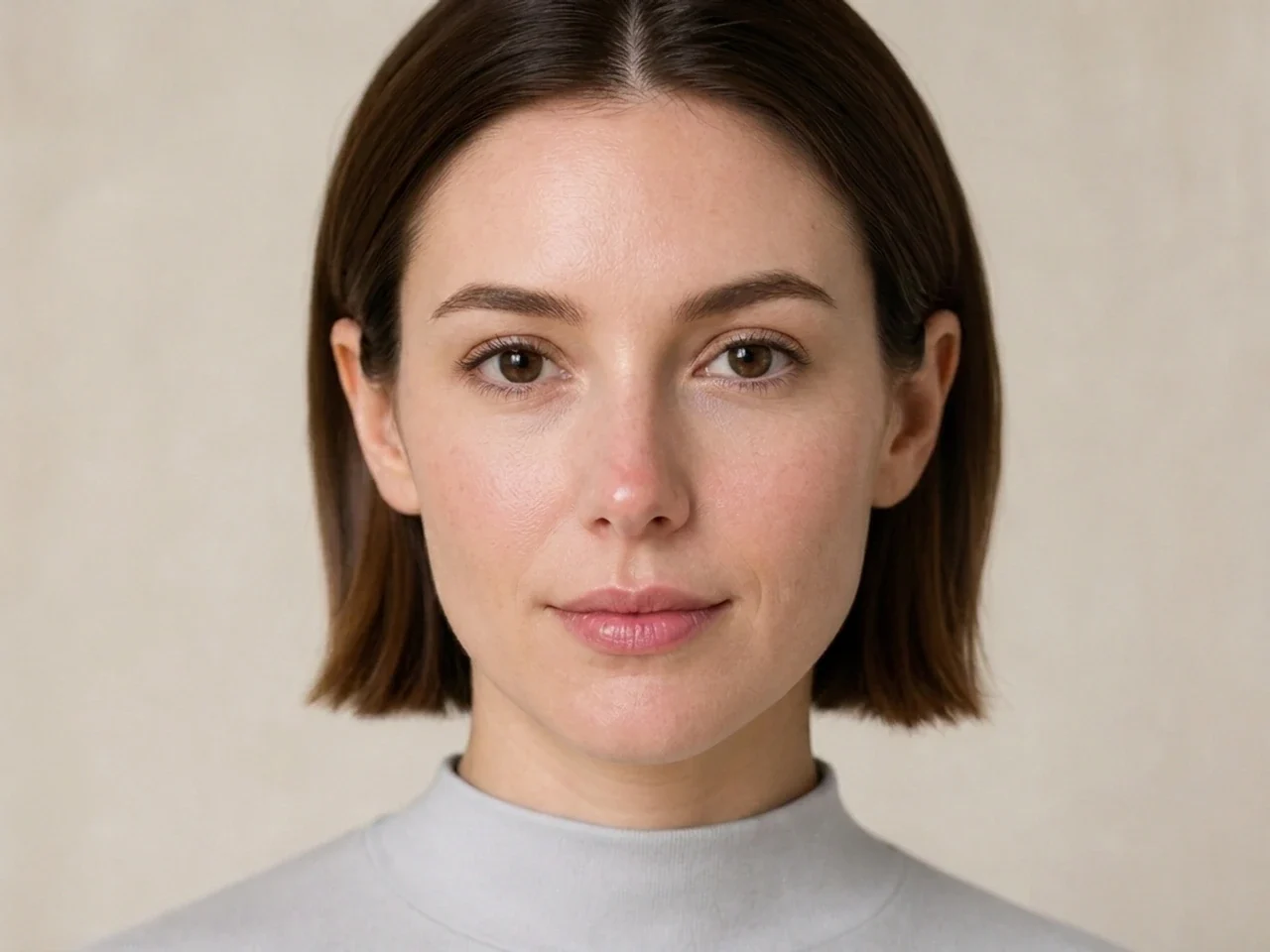Step 2 of Natural No-Makeup Makeup, showing discoloration is softened while natural skin remains visible around the perimeter of the face.