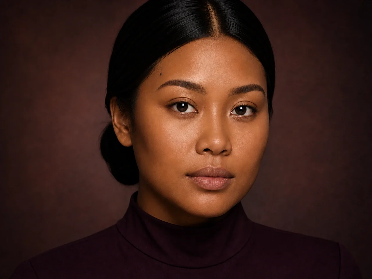 Step 2 of Rich Berry and Gold Makeup for Deep Skin, showing discoloration is softened while natural skin remains visible around the perimeter of the face.