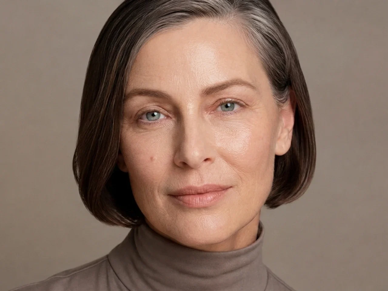 Step 2 of Natural Makeup for Mature Skin, showing discoloration is softened while natural skin remains visible around the perimeter of the face.