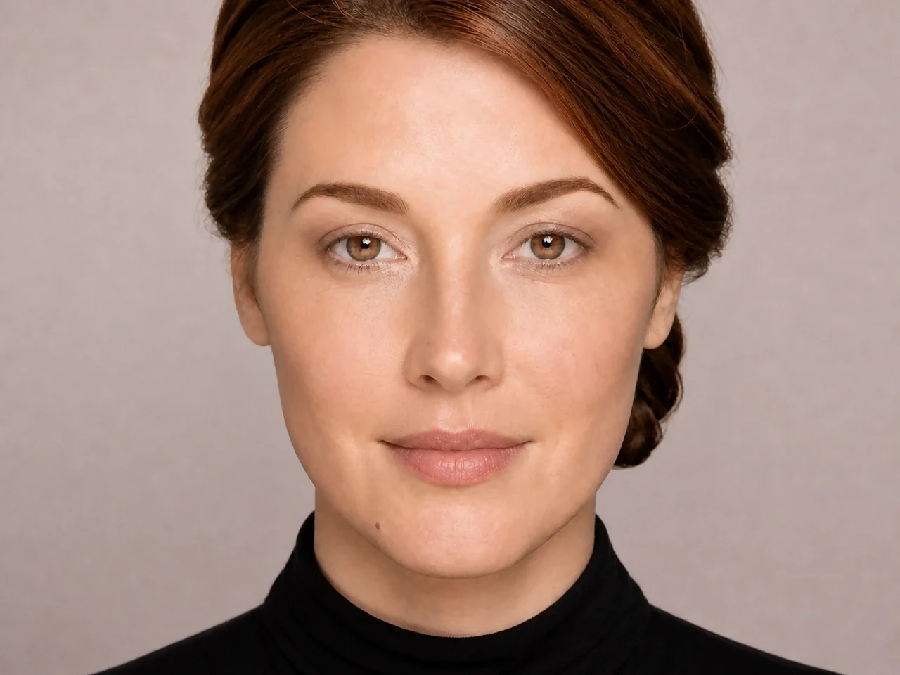 Step 2 of Balanced Eye Makeup for Close-Set Eyes, showing neutral taupe creates a soft guide at outer half of lid that remains visible with a relaxed gaze.