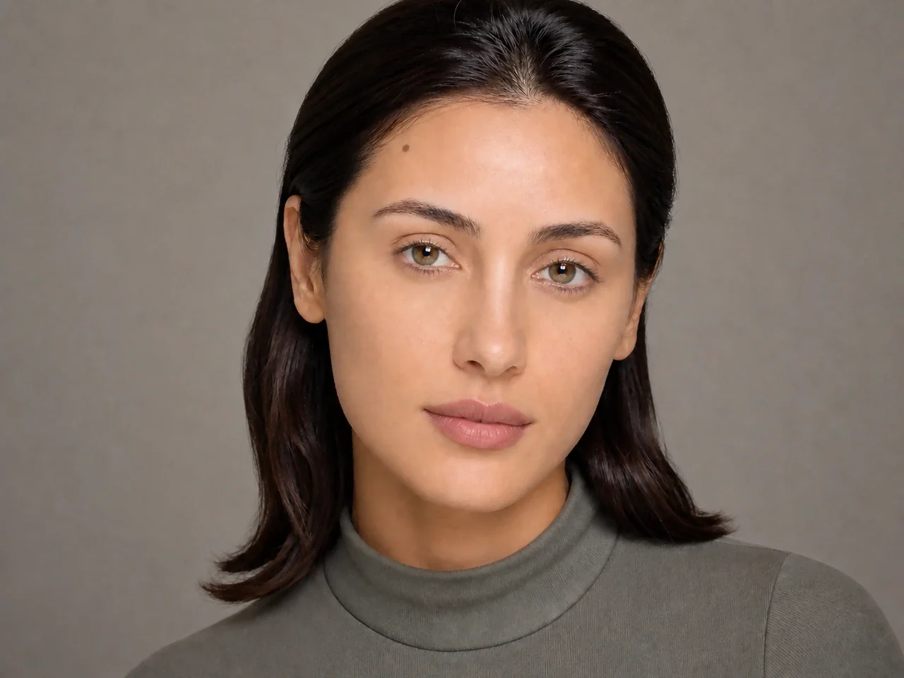 Step 2 of Neutral Soft Glam for Olive Skin, showing discoloration is softened while natural skin remains visible around the perimeter of the face.