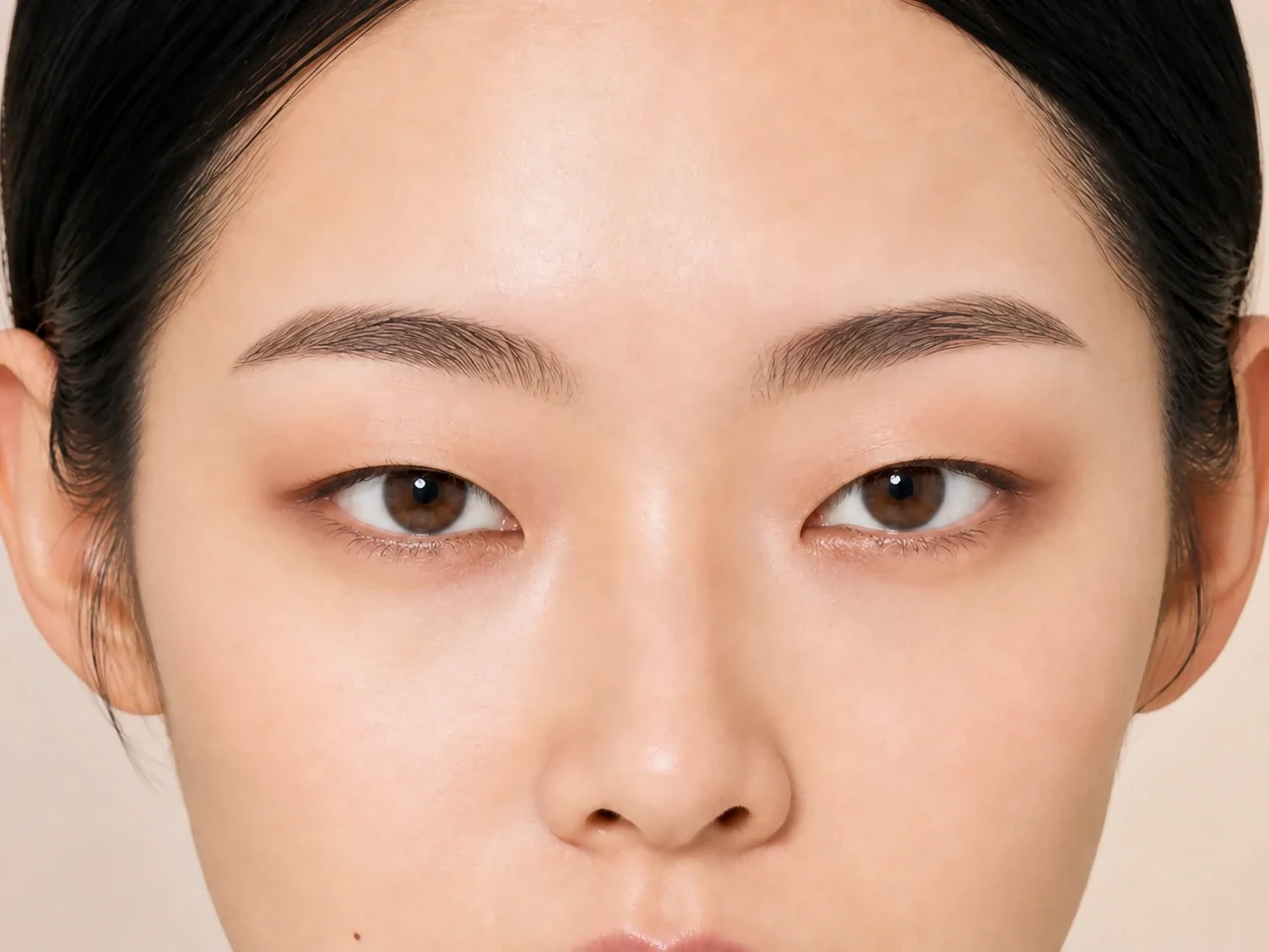 Step 2 of Soft Shimmer Makeup for Monolids, showing soft tan creates a soft guide at upper edge of eye color that remains visible with a relaxed gaze.