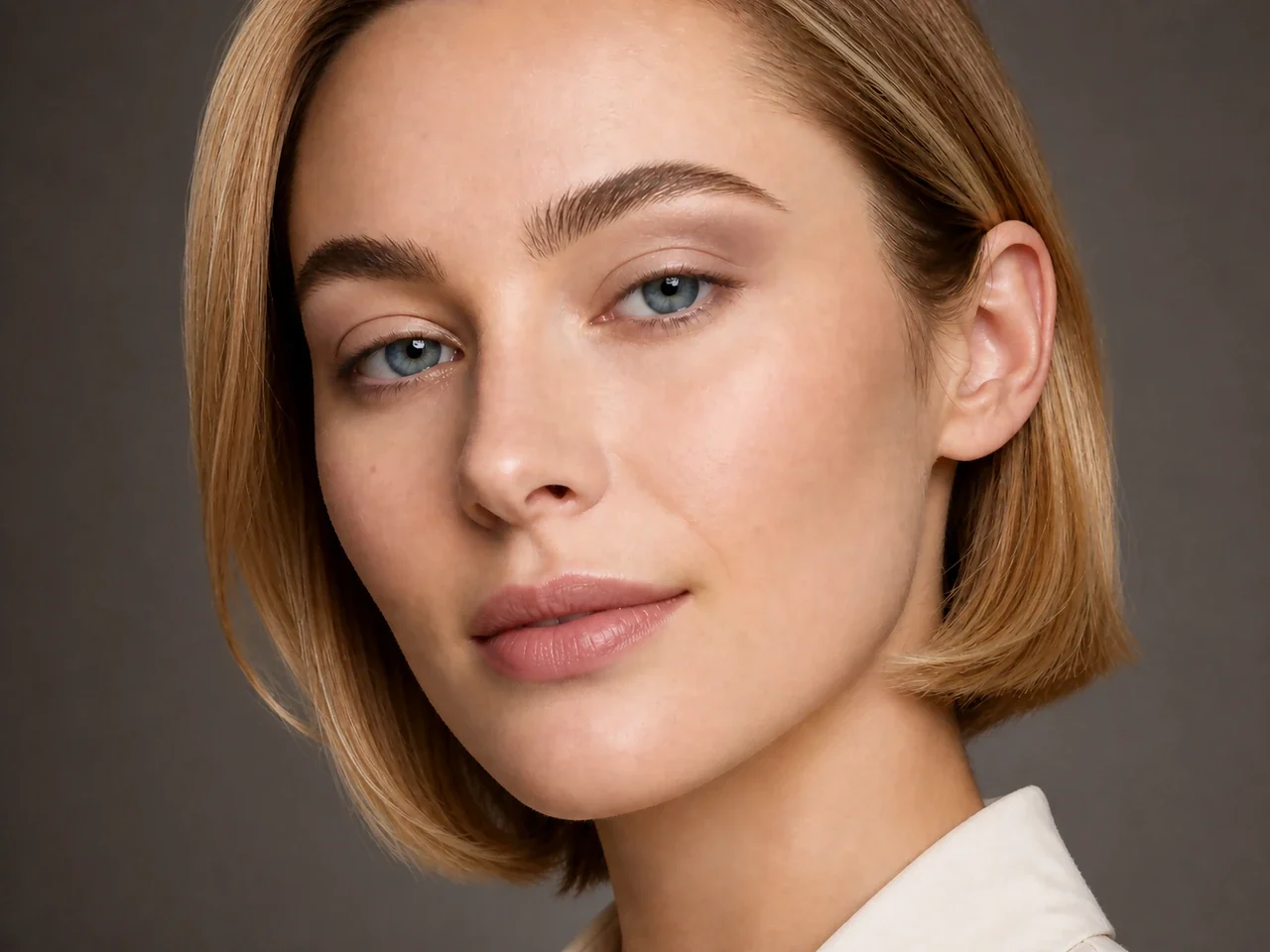 Step 2 of Lifted Makeup for Downturned Eyes, showing lift taupe creates a soft guide at outer lid angled upward that remains visible with a relaxed gaze.