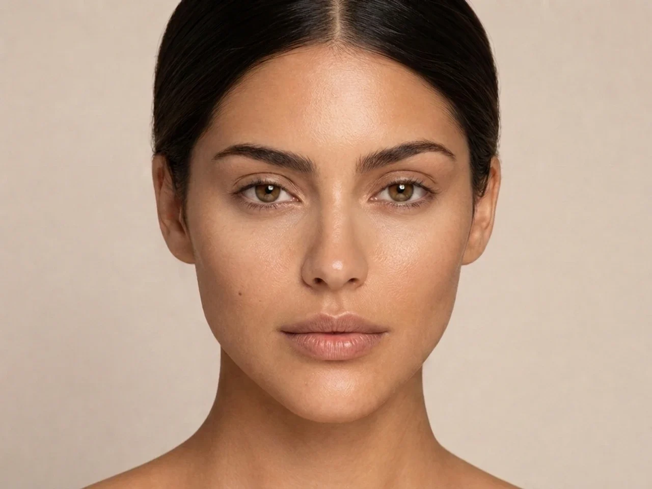 Step 2 of Warm Bronze Makeup for Medium Skin, showing discoloration is softened while natural skin remains visible around the perimeter of the face.