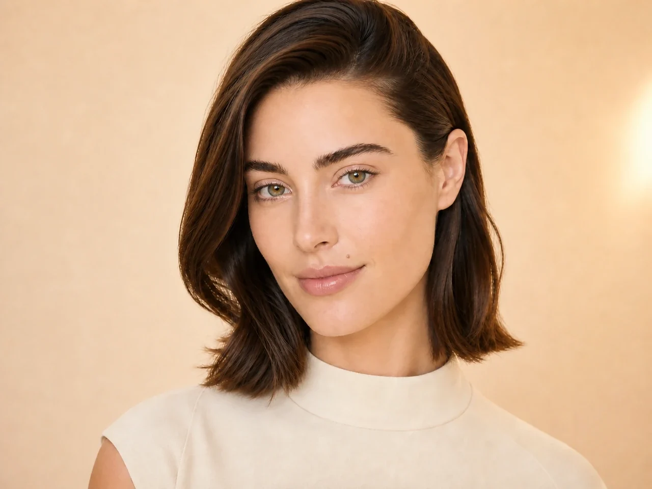 Step 2 of Fresh Brunch Makeup, showing discoloration is softened while natural skin remains visible around the perimeter of the face.