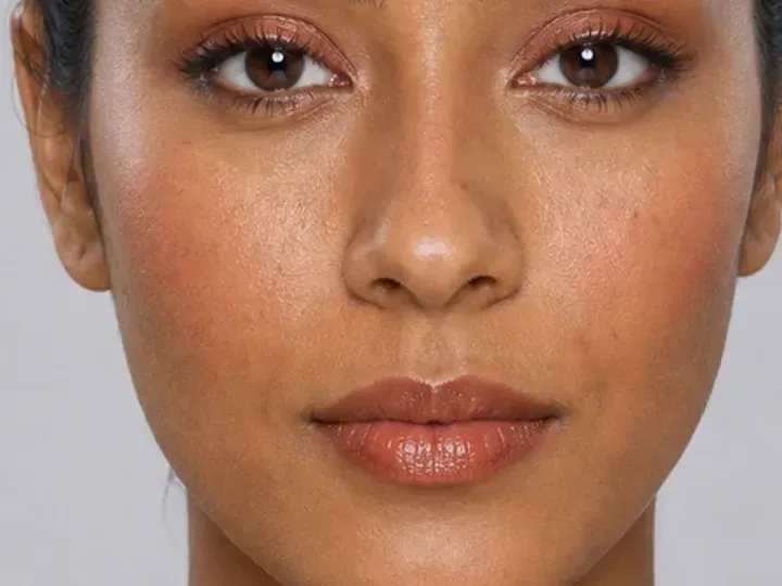 Step 2 of Warm Bronze Makeup for Medium Skin, showing discoloration is softened while natural skin remains visible around the perimeter of the face.