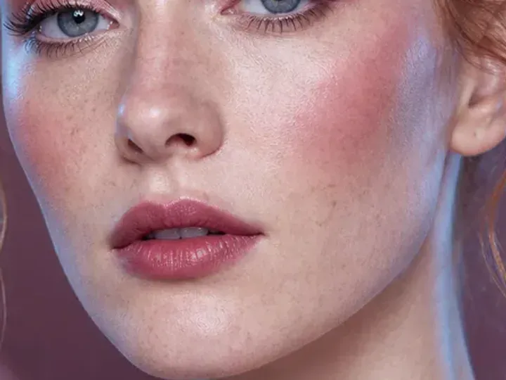 Step 2 of Cool Rosy Makeup for Fair Skin, showing discoloration is softened while natural skin remains visible around the perimeter of the face.
