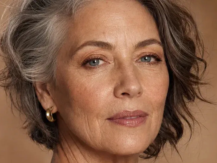 Step 2 of Natural Makeup for Mature Skin, showing discoloration is softened while natural skin remains visible around the perimeter of the face.