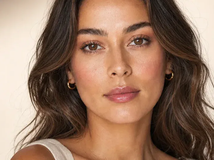 Step 2 of 5-Minute Everyday Makeup, showing discoloration is softened while natural skin remains visible around the perimeter of the face.