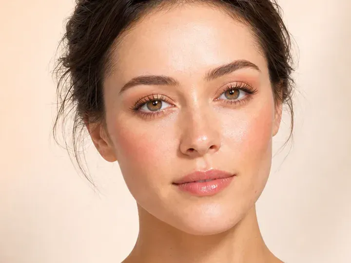 Step 2 of Fresh Brunch Makeup, showing discoloration is softened while natural skin remains visible around the perimeter of the face.