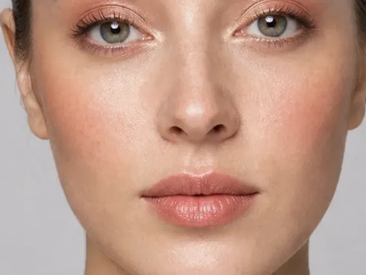 Step 2 of Warm Peach Makeup for Fair Skin, showing discoloration is softened while natural skin remains visible around the perimeter of the face.