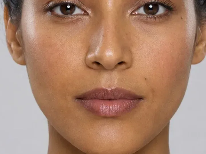 Step 2 of Neutral Soft Glam for Olive Skin, showing discoloration is softened while natural skin remains visible around the perimeter of the face.
