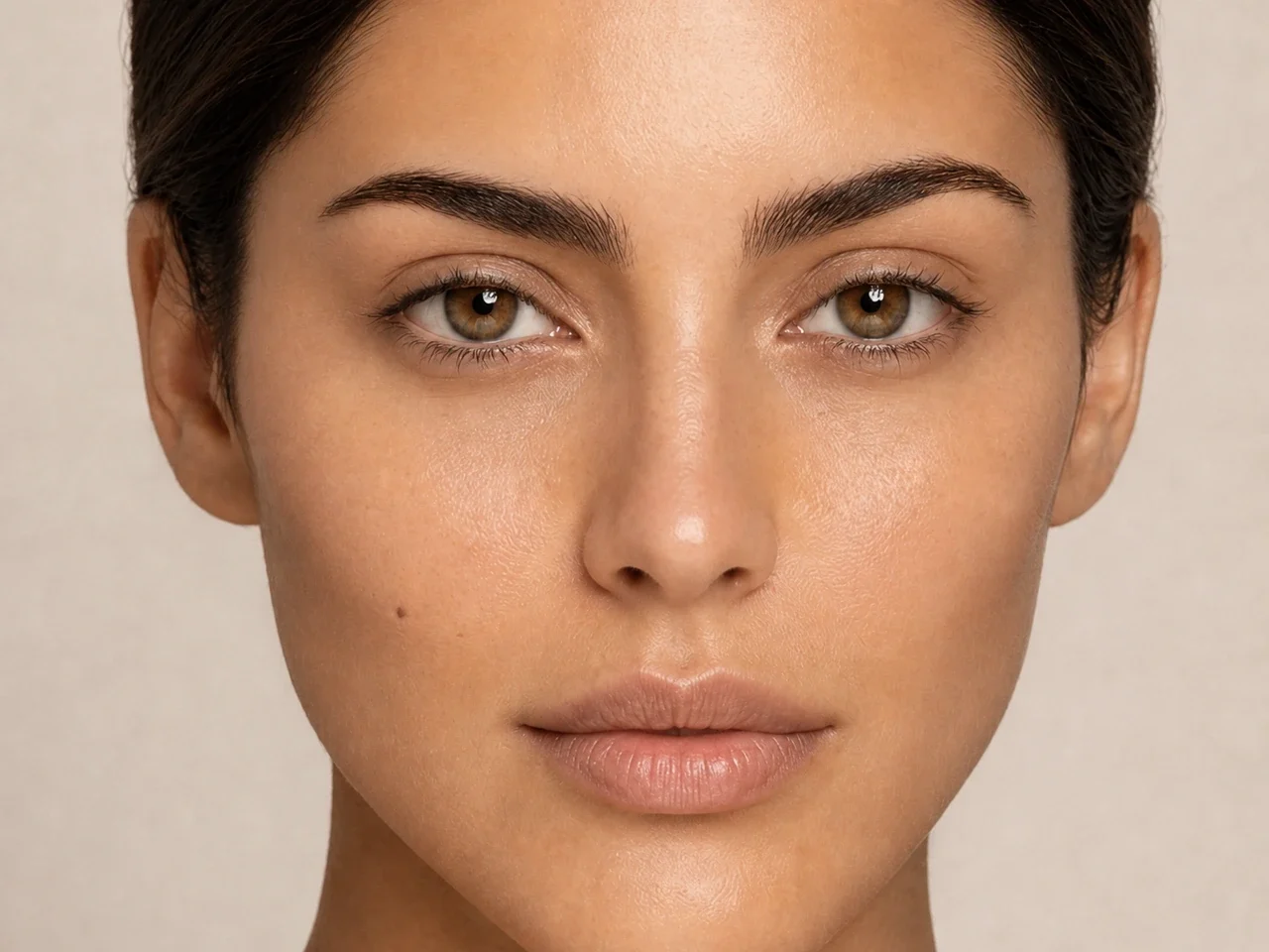 Step 3 of Warm Bronze Makeup for Medium Skin, showing the brows look intentional but retain visible hairs and enough softness for the rest of the look.