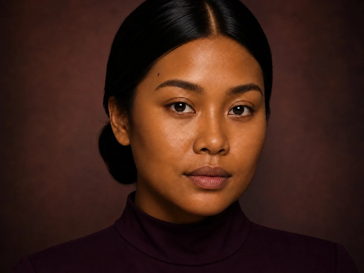 Step 3 of Rich Berry and Gold Makeup for Deep Skin, showing the brows look intentional but retain visible hairs and enough softness for the rest of the look.
