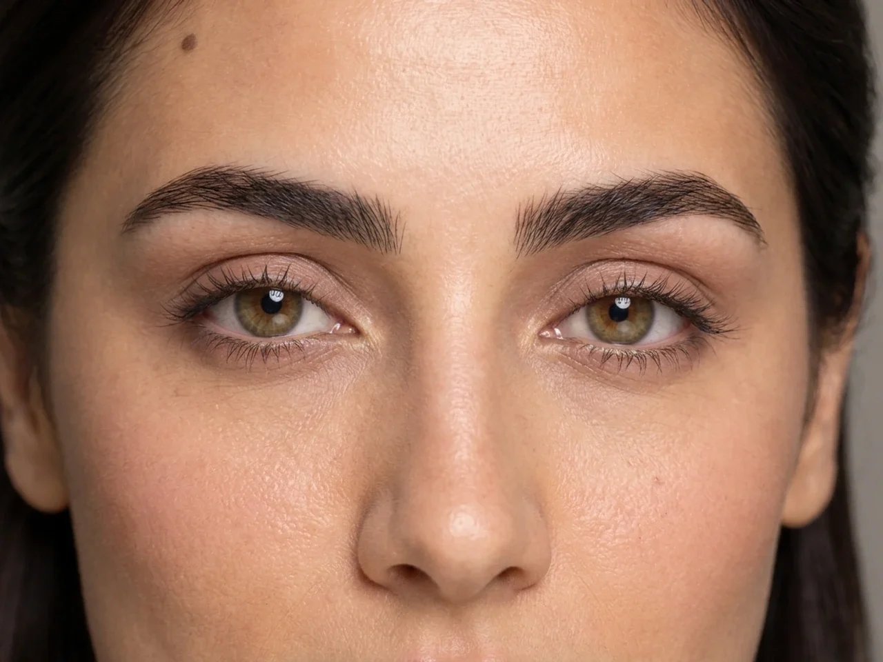 Step 3 of Neutral Soft Glam for Olive Skin, showing the brows look intentional but retain visible hairs and enough softness for the rest of the look.