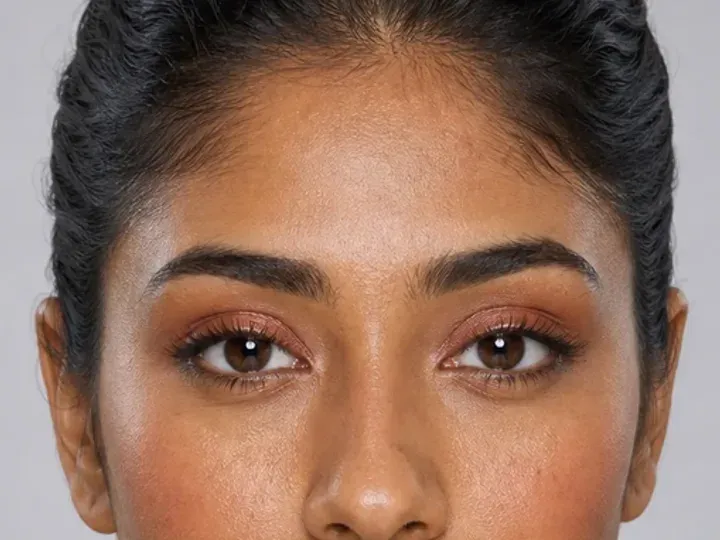 Step 3 of Warm Bronze Makeup for Medium Skin, showing the brows look intentional but retain visible hairs and enough softness for the rest of the look.